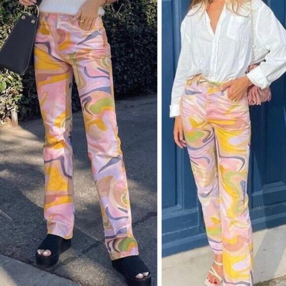 ZARA Straight Leg Abstract Swirl Print Jeans Size 2 Multicolor - Picture 1 of 11
